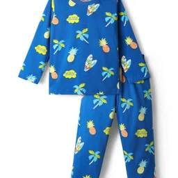 Babyhug Cotton Knit Full Sleeves Co-Ord Night Suit With Tropical Theme Print - Blue image 1