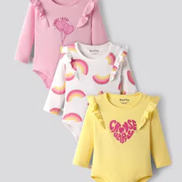 Bonfino 100% Cotton Knit Full Sleeves Onesies with Heart & Rainbow Print Pack of 3 - Yellow Pink & White-image-83