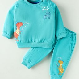 Zero Fleece Knit Full Sleeves Winter Wear Suits with Dino Print - Aqua Blue-picture-21