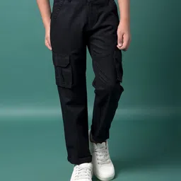 CRIMSOUNE CLUB Cotton Woven Solid Cargo Trousers - Black-picture-19