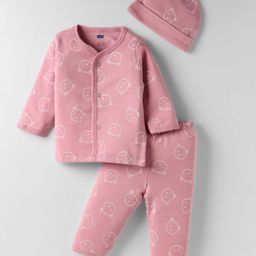 Simply Interlock Knit Full Sleeves Front Open Co-Ord Night Suit with Teddy Print & Cap - Onion Pink-picture-7