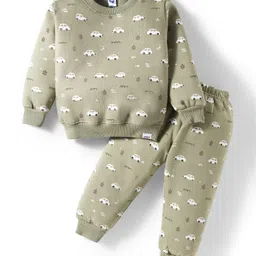 Teddy Fleece Knit Full Sleeves Winter Wear Co-ord Night Suit With Car Print - Olive Green-picture-28