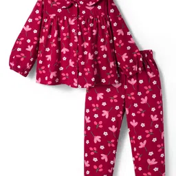 Babyhug Cotton Knit Full Sleeves Co-ords Night Suit With Floral Print - Maroon-picture-23