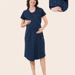 Quira Woven Half Sleeves Abstract Printed Maternity Nighty With Concealed Side Zipper Nursing Access - Ink Blue-picture-38