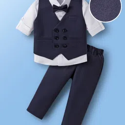 Mark & Mia Cotton Woven Full Sleeves Solid 3 Piece Party Suit With Bow - Navy Blue & White-picture-23