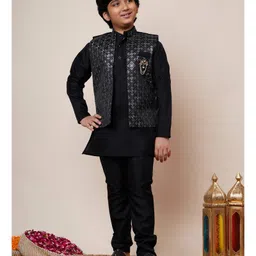 BT DEZINES Cotton Silk Woven Full Sleeves Solid Kurta Pyjama Set With Damask Zari Embroidered Jacket Set - Black-picture-20