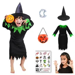 Sarvda Halloween Theme Three Fourth Sleeves Witch Costume With Hat & Spooky Pumpkin - Black-image-71