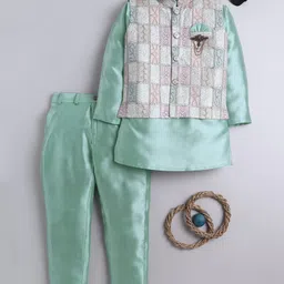BT DEZINES Cotton Silk Woven Full Sleeves Solid Kurta & Pyjama With Thread Work Embroidered Jacket Set - Teal Blue-picture-27