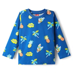 Babyhug Cotton Knit Full Sleeves Co-Ord Night Suit With Tropical Theme Print - Blue image 2