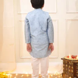 KID1 Silk Woven Full Sleeves Solid Kurta Pyjama With Mirror Work Detailed Jacket Set - Sky Blue image 3