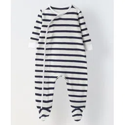 Spunkies Single Jersey Knit Pack Of 2 Full Sleeves Striped Footed Sleepsuit - Navy Blue White & Red image 3