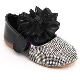 Mine Sole Rhinestones Embellished & Bow Applique Detailed With Velcro Closure Mary Jane Ballerinas - Black image 4