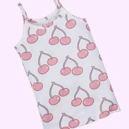 Kiddopanti Cotton Knit Pack Of 3 Sleeveless Cherry & Rainbow Printed Camisoles - Neon Pink Melange & Off White image 5