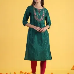 W Green Viscose Embroidered Three Quarter Sleeves Kurta-picture-21