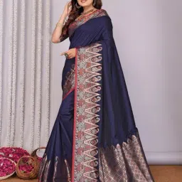 Elora Navy Blue Zari Saree With Unstitched Blouse-image-6
