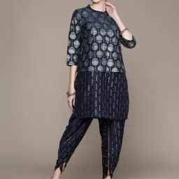 Ziyaa Navy Floral Print Kurti Dhoti Pant Set With jacket-picture-13