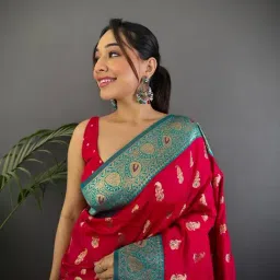 Elora Red Paisley Saree With Unstitched Blouse image 3