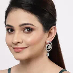 Zeneme Rhodium Plated Silver Toned AD Circular Drop Earrings image 2