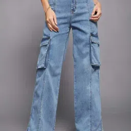 Miss Chase Blue Wide Leg High Rise Clean Look Regular Length Stretchable Patch Pocketed Denim Jeans-image-98
