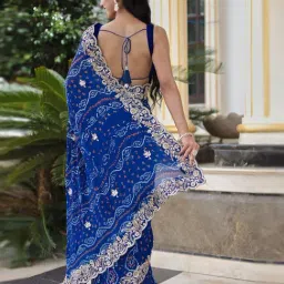 Zari Jaipur Blue Georgette Embroidered Saree With Unstitched Blouse Piece image 2