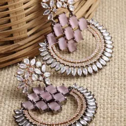 Zeneme Rose Gold Plated Gunmetal Toned Pink AD Dangler Earrings-image-69