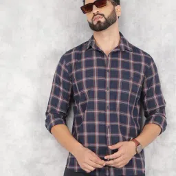 Crimsoune Club Navy Blue Cotton Slim Fit Checks Shirt-image-23