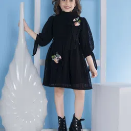 Peppermint Girls Self Design Applique Puff Sleeve Fit & Flare Dress with Belt-image-50