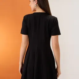 Globus Women Black V-Neck Hong Button Double Breasted Flared Hem Mini Workwear Wrap Blazer Dress image 2