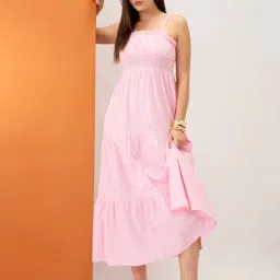 Globus Women Pink Checkered Square Neck Strappy Sleeves Smocked Tiered Fit & Flare Maxi Dress-image-1
