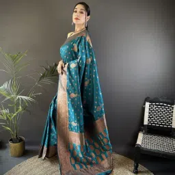 Elora Blue Woven Design Saree With Unstitched Blouse-image-2