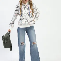 MADAME Off White Typographic Print Printed Hood Cotton Pullover Sweatshirt image 4