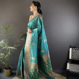 Elora Teal Green Woven Design Saree With Unstitched Blouse-image-13