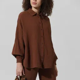 Only Brown Cotton Relaxed Fit Oversized Shirt-image-13