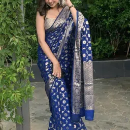 Anjaneya Sarees Navy Banarasi Silk Woven Design Saree with Unstitched Blouse-picture-34