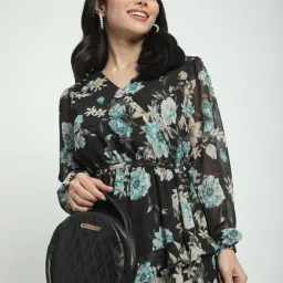 R&B Black & Blue Polyester Floral Print Gown image 3