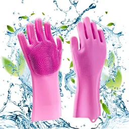 TICK MARK Unisex 2Pcs Pink Silicone Kitchen Gloves-picture-55