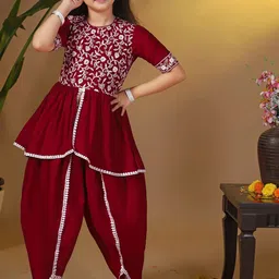 FASHION DREAM Girls Floral Embroidered Thread Work Pleated Anarkali Kurta with Dhoti Pants-picture-3