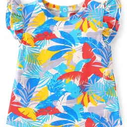 Babyhug 100% Cotton Knit Frill Sleeves Top with Leafy Print & Frill Detailing - Multicolour-picture-14