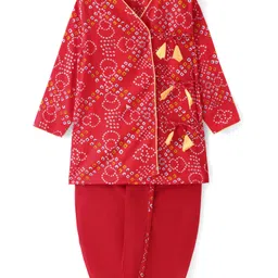 Babyhug Cambric Woven Full Sleeves Bandhani Printed Angarkha Dhoti Set with Tassle Detailing - Red-picture-22
