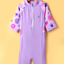 Bosky Swimwear Half Raglan Sleeves Legged Swimsuit With Floral Print - Purple-image-49