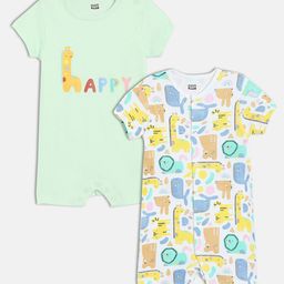 MINI KLUB Cotton Pack Of 2 Half Sleeves Animals & Happy Text Printed Rompers - White & Green-picture-33
