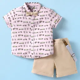 ToffyHouse Poplin Woven Half Sleeves Car Printed Shirt & Shorts With Bow & Suspender - Light Pink-picture-21