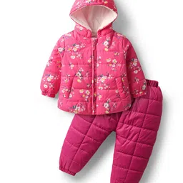 Babyhug Full Sleeves Knit Winter Wear Hooded Jacket & Joggers Set with Floral Print - Pink-picture-23