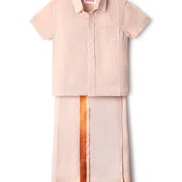 Babyhug Woven Half Sleeves Solid Shirt & Mundu Set - Peach-picture-27