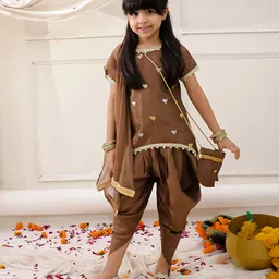 KID1 Silk Woven Half Sleeves Hearts Embroidered Dhoti Kurti With Dupatt & Sling Bag Set - Brown image 1