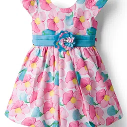 Twetoons Cotton Woven Half Sleeves Frock With Floral Print & Applique - Pink-picture-25