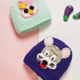 MayRa Knits Hand Knitted Woven Pack Of 2 Animal Designed Caps - Sea Green & Blue - Circumference - 36 Cms-picture-20