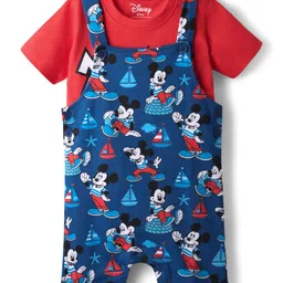 Babyhug Disney Single Jersey Knit Dungaree with Half Sleeves Inner Tee & Mickey Mouse Graphics - Navy Blue & Red image 2