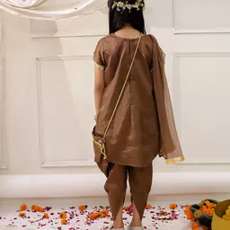 KID1 Silk Woven Half Sleeves Hearts Embroidered Dhoti Kurti With Dupatt & Sling Bag Set - Brown image 3
