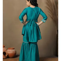 Fashion Dream Chanderi Woven Floral Embroidered Sequins Embellished Kurti & Sharara Set - Turquoise image 3